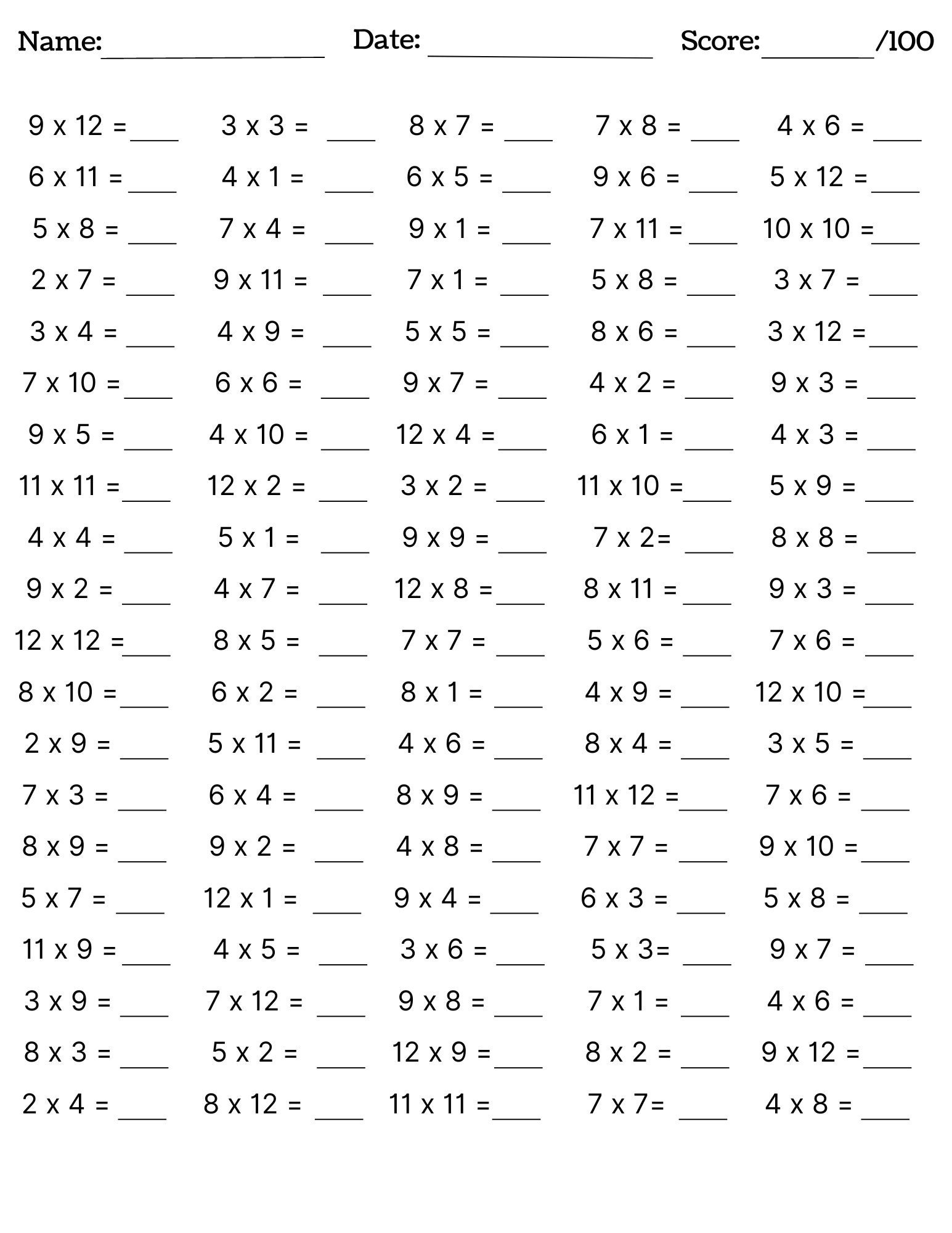 10 Printable Maths Drills Multiplications Worksheets 1 12x Times Tables Worksheet Ages 8 10 Grades 3 5 Practice Problems Etsy