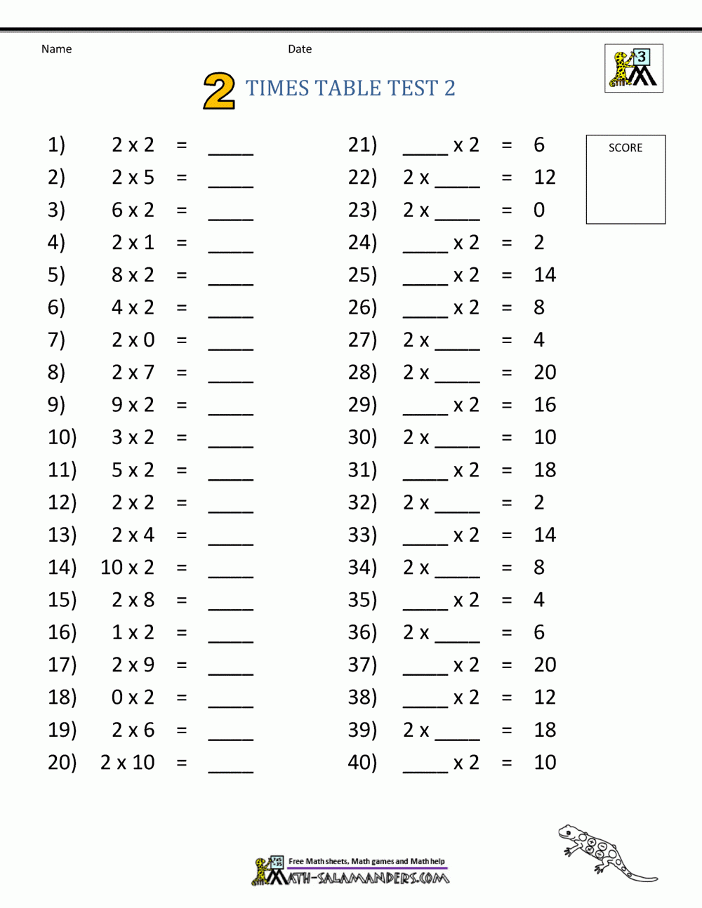 2 Times Table Worksheet Page