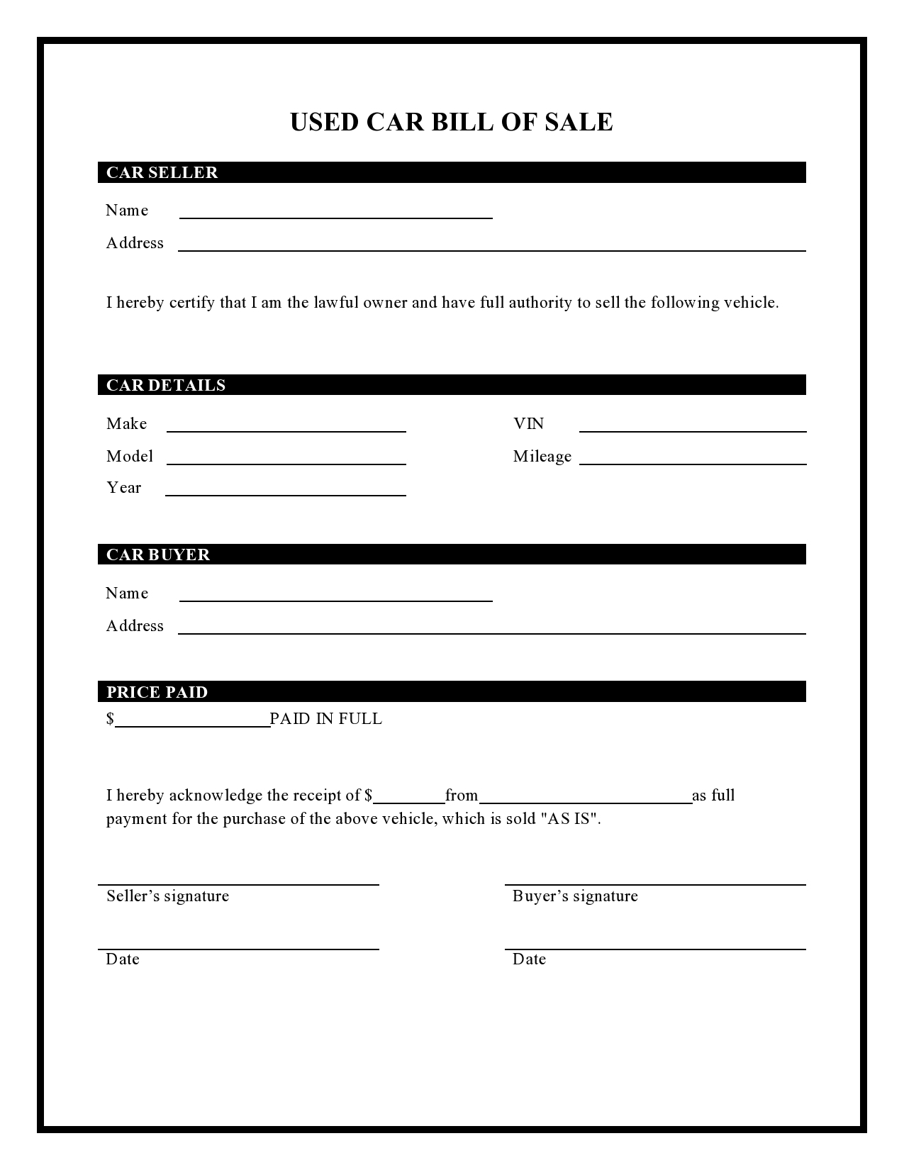 free printable car bill of sale template