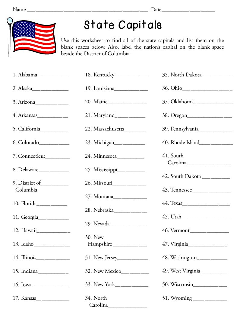 50 States And Capitals Free Printable