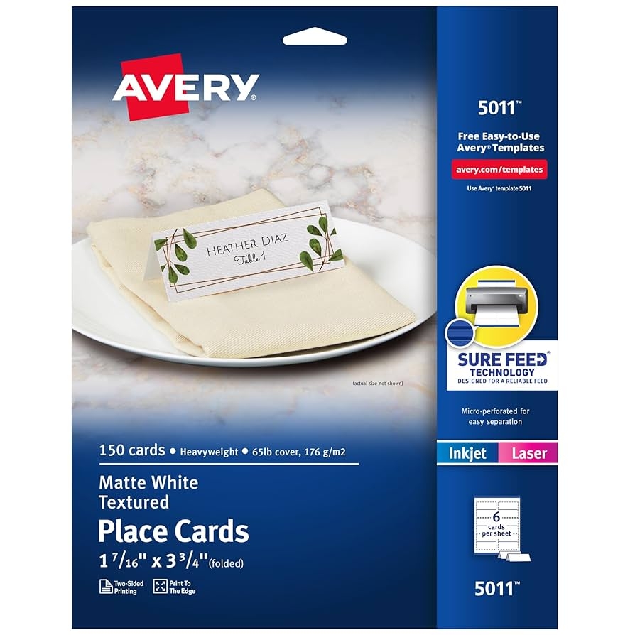 Amazon Avery Printable Place Cards With Sure Feed Technology 1 7 16 X 3 3 4 Matte White 150 Blank Tent Cards For Laser Or Inkjet Printers 5011 Office Products