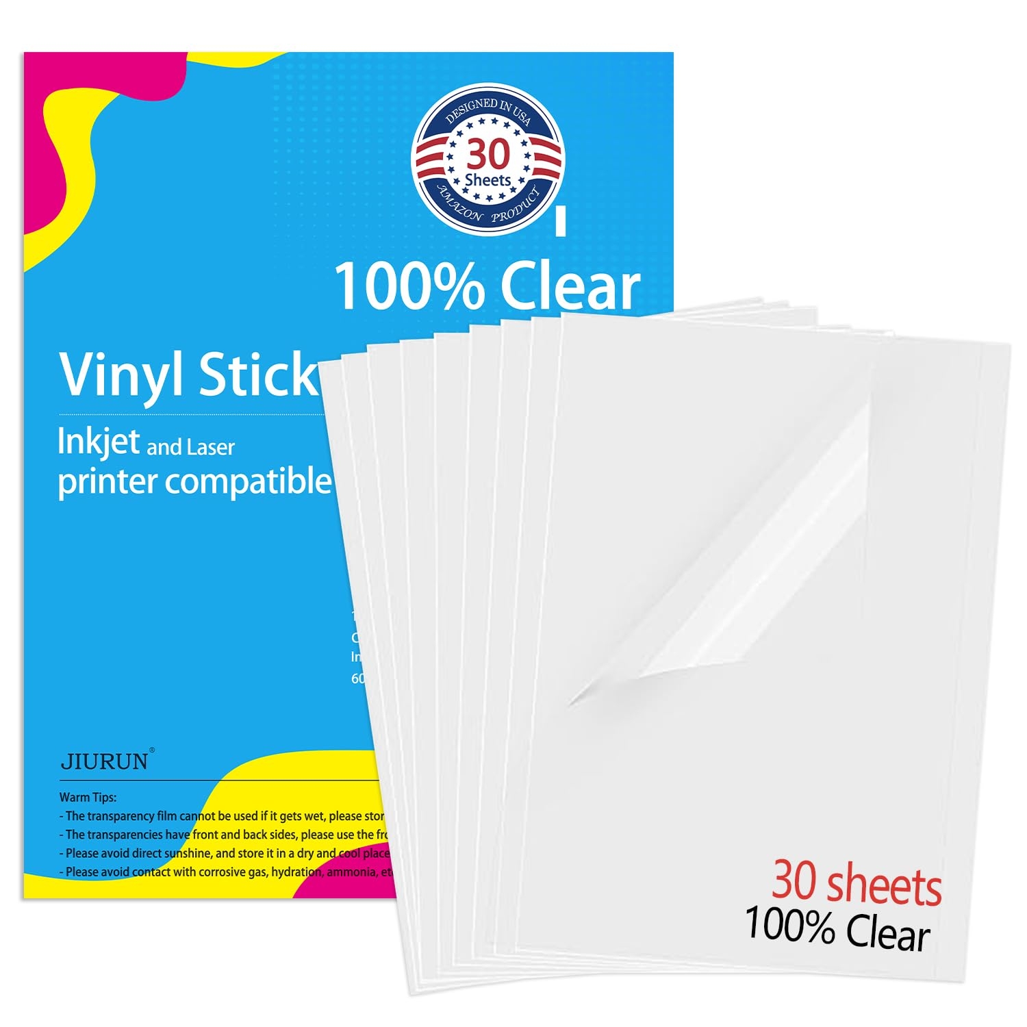 Amazon Premium Printable Vinyl Sticker Paper For Inkjet Laser Printer 100 Transparent 30 Clear Self Adhesive Sheets No Waterproof Drying Quick Vivid Colors Decal Paper Office Products