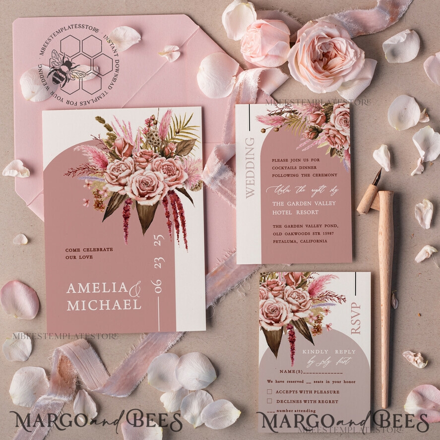 Arch Blush Wedding Invitation Template Instant Download Printable Invites Home Printing Pink Boho Wedding Invitation Card Set Template