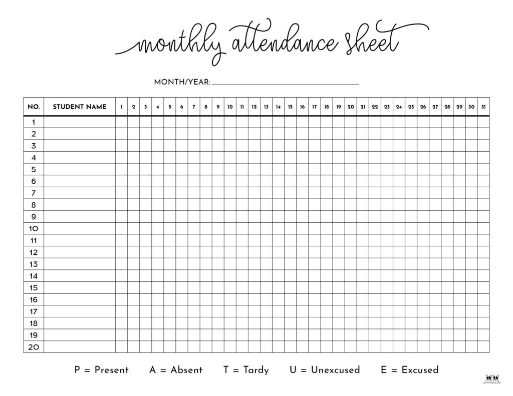 Attendance Sheets 52 FREE Printables Printabulls