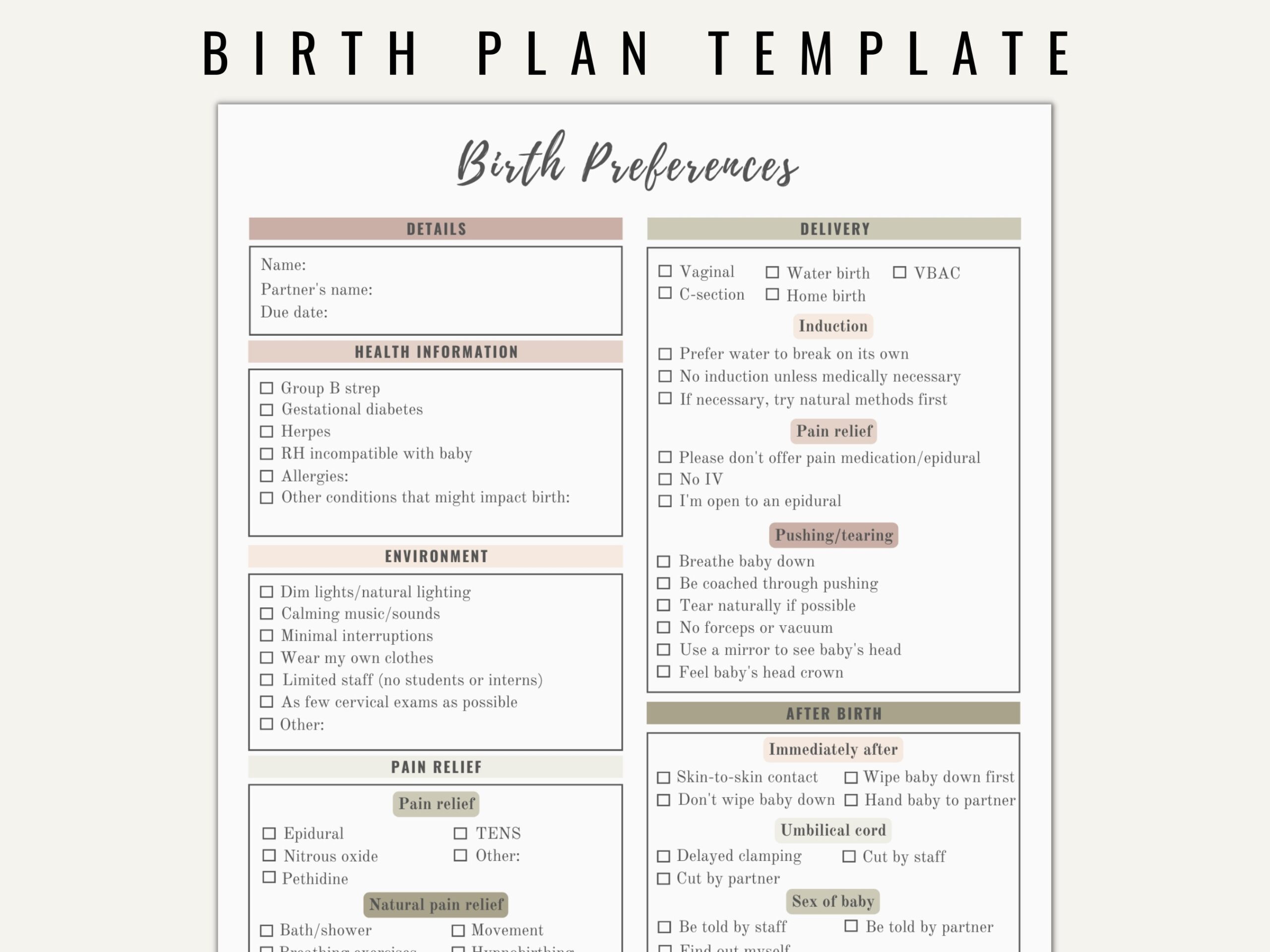 Birth Plan Template Printable Editable Neutral Colors Etsy