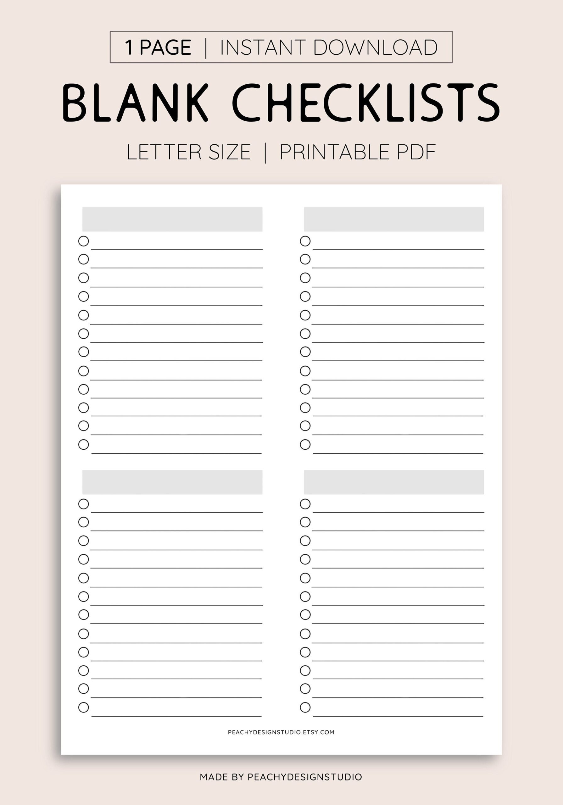 Blank Checklist Printable INSTANT DOWNLOAD PDF To Do Lists Task Organizer Travel Packing List Shopping List Etsy