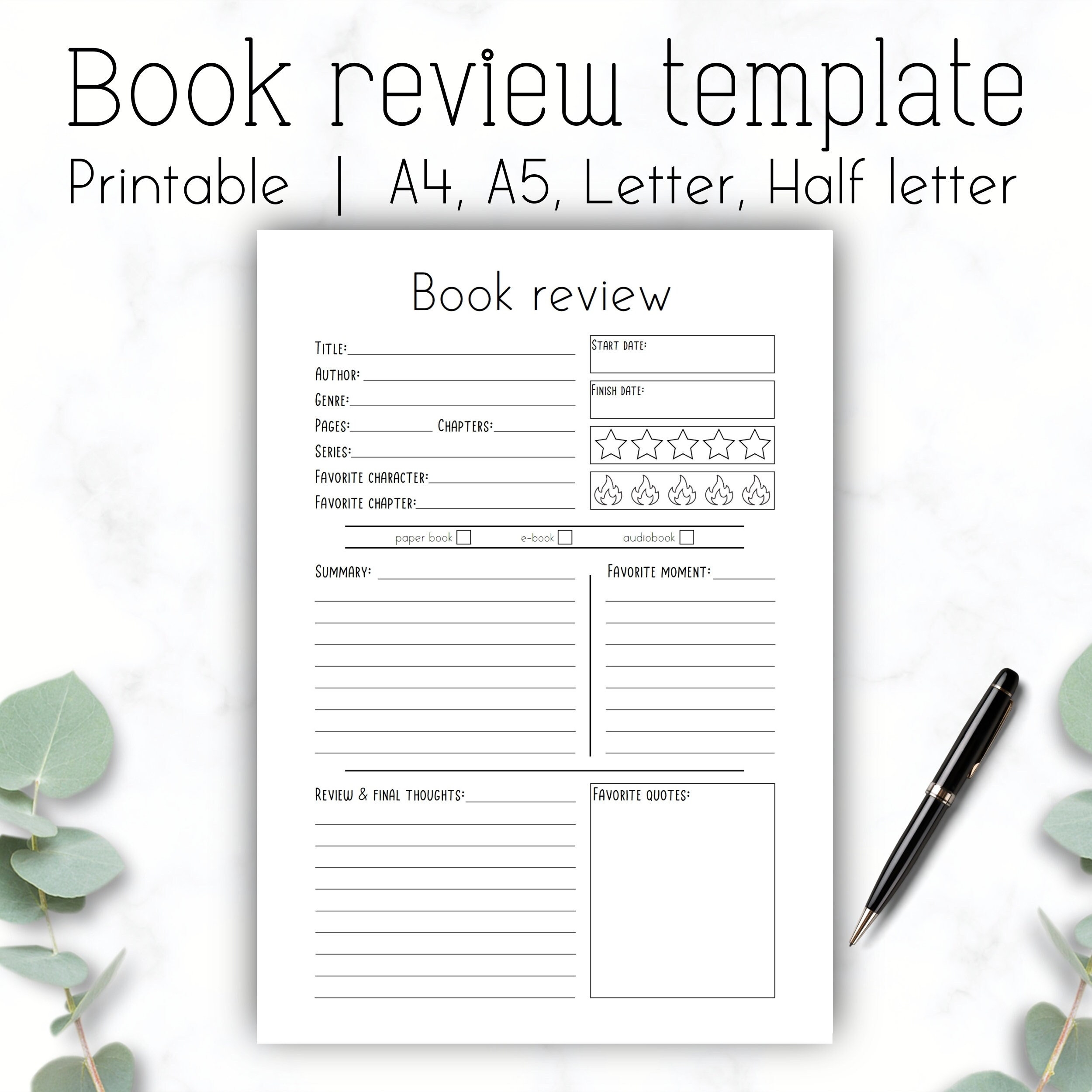 Book Review Template Simple Book Review Printable A4 A5 Letter Half Letter Template Book Journal Instant Download PDF Reading Log Etsy