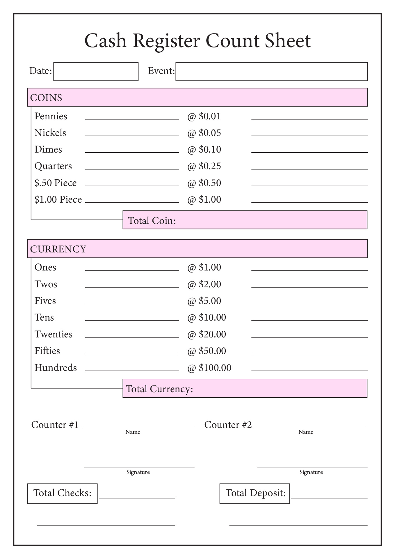 Cash Drawer Count Sheet