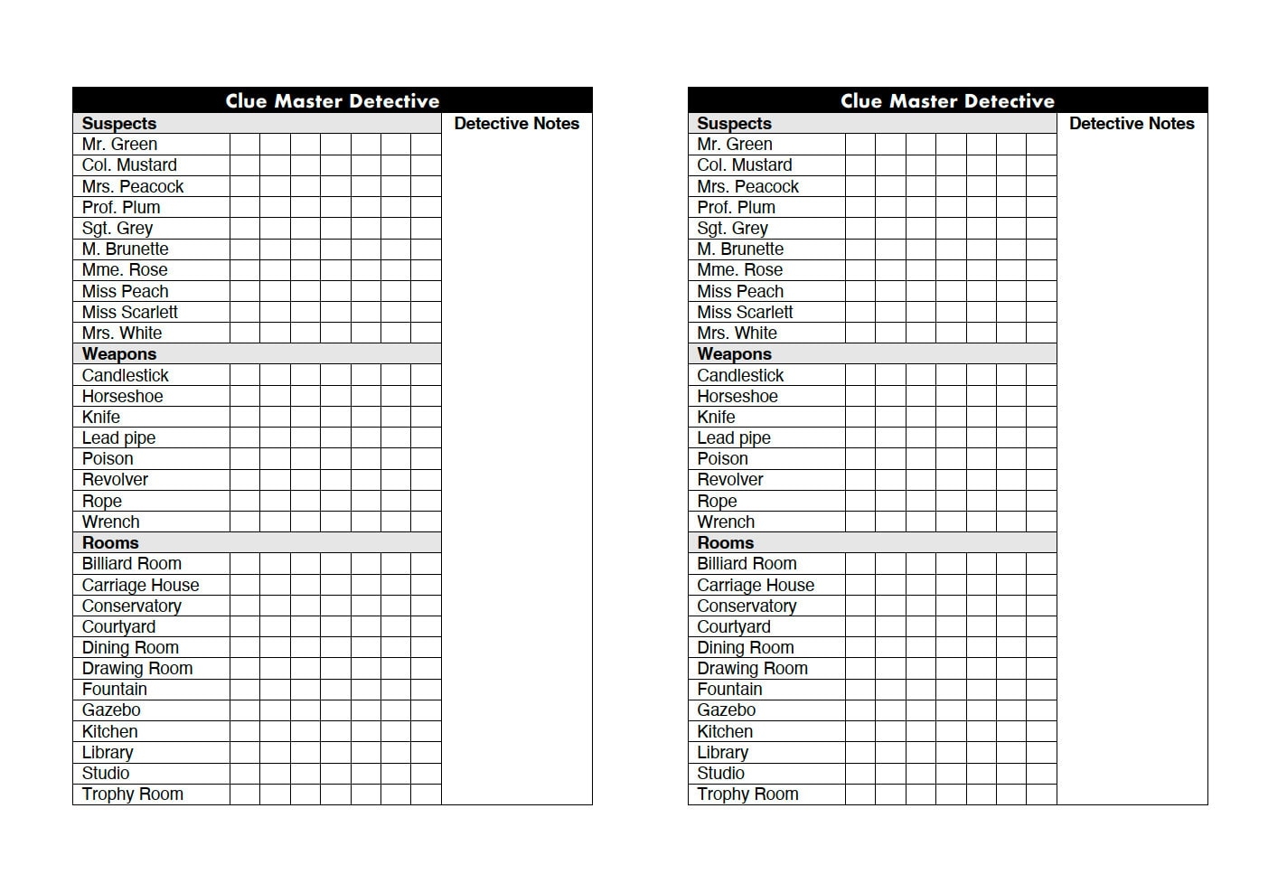 Clue Score Sheets Digital Download PDF For Clue And Clue Master Detective 8 5 X 11 Inch Printable Etsy