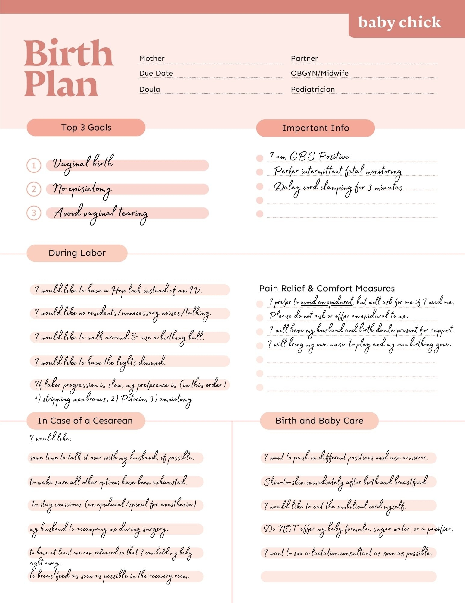 Create Your Perfect Birth Plan Free Template Checklist Baby Chick