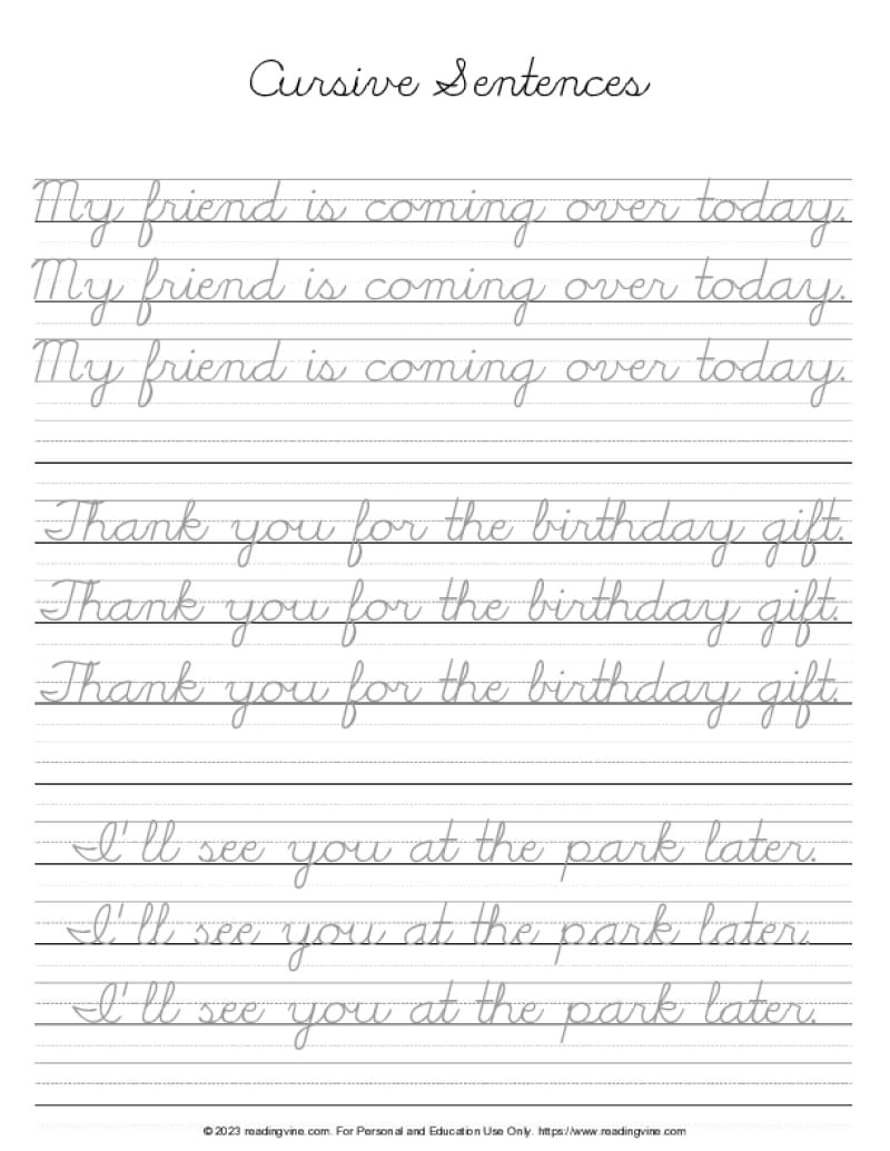 Cursive Writing Practice Sheets PDF ReadingVine