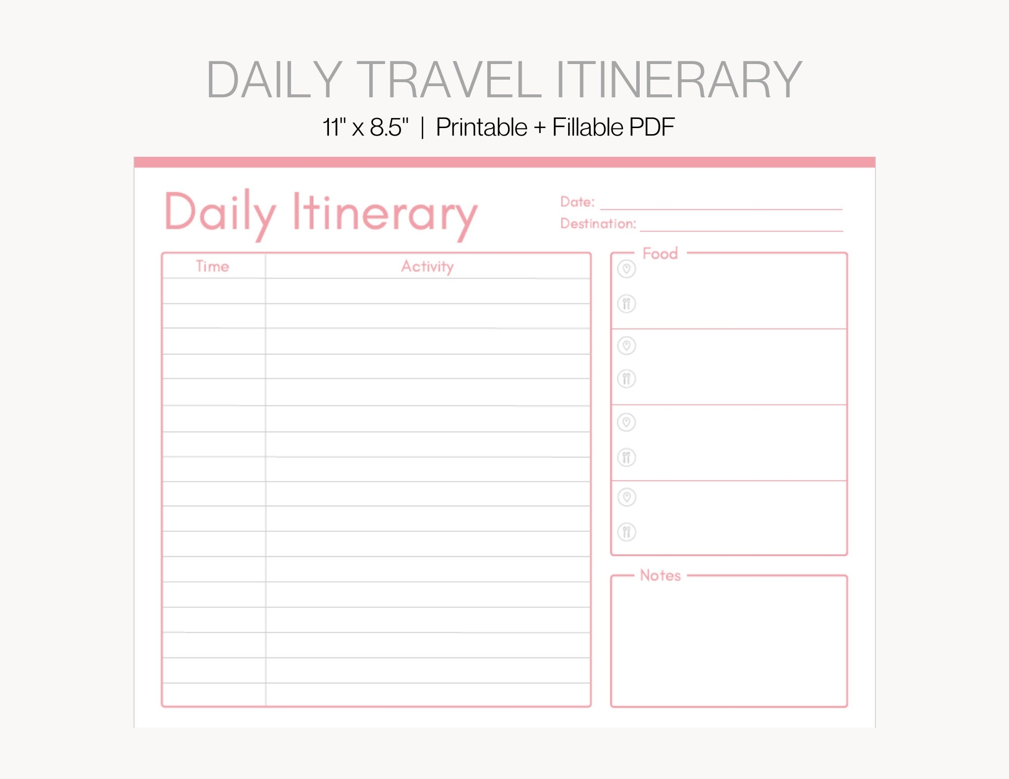 Daily Travel Itinerary Template Trip Itinerary Planner Printable Fillable Trip Planner Vacation Planner Fillable Light Pink Planner Etsy