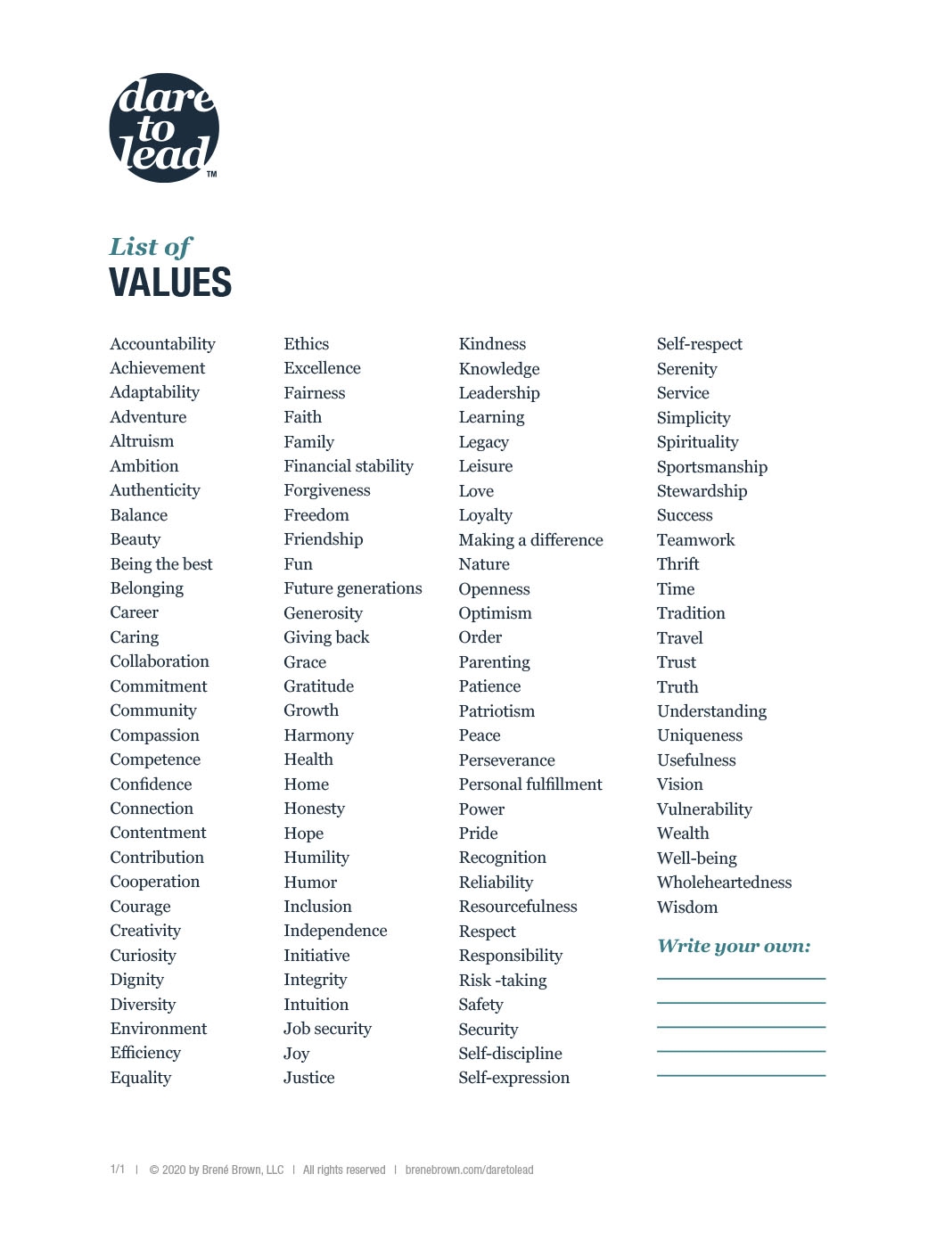 free printable core values worksheet