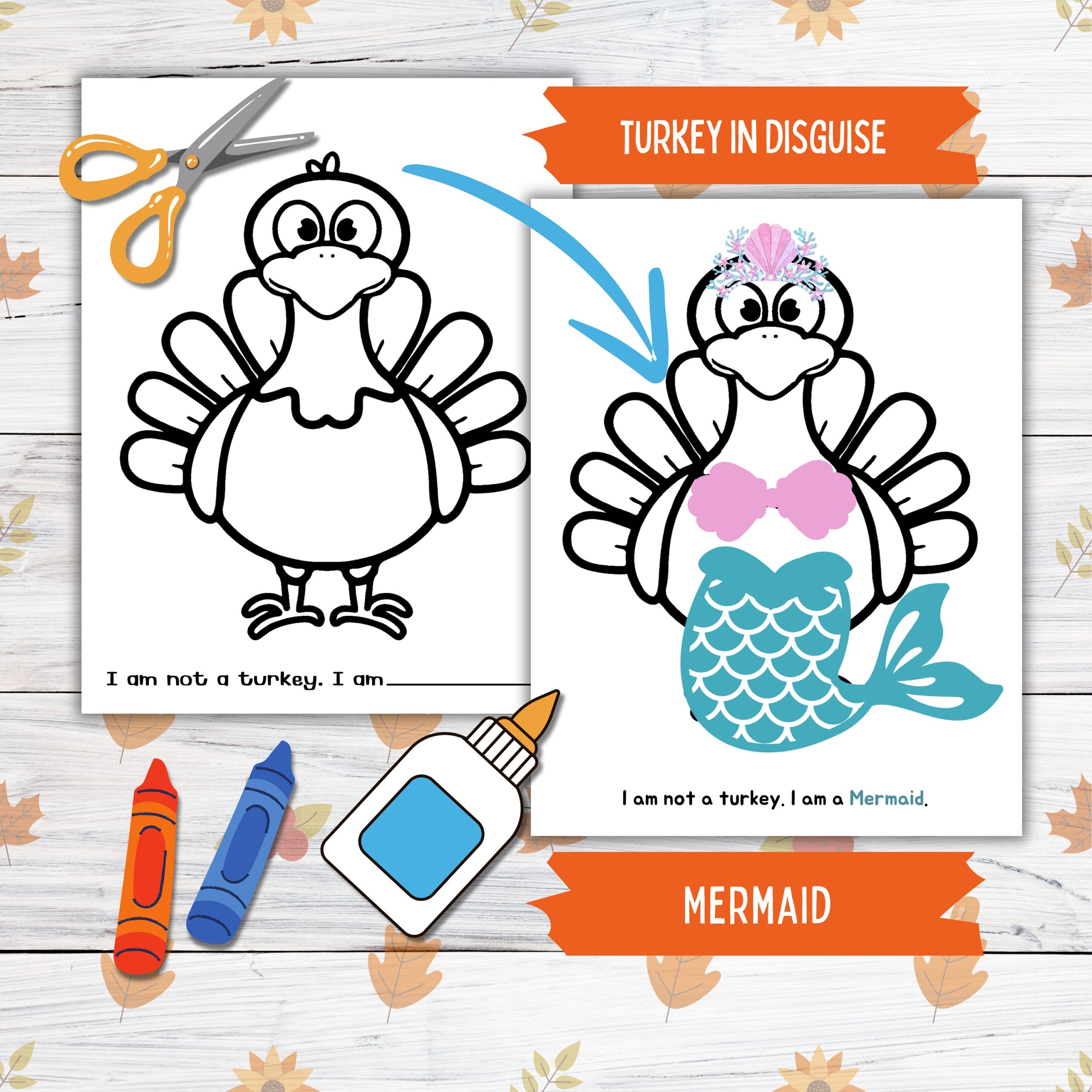 Disguise A Turkey Thanksgiving Printable Craft For Kids And Toddlers Mermaid Turkey In Disguise Turkey Paper Doll Printable Craft Kits Etsy