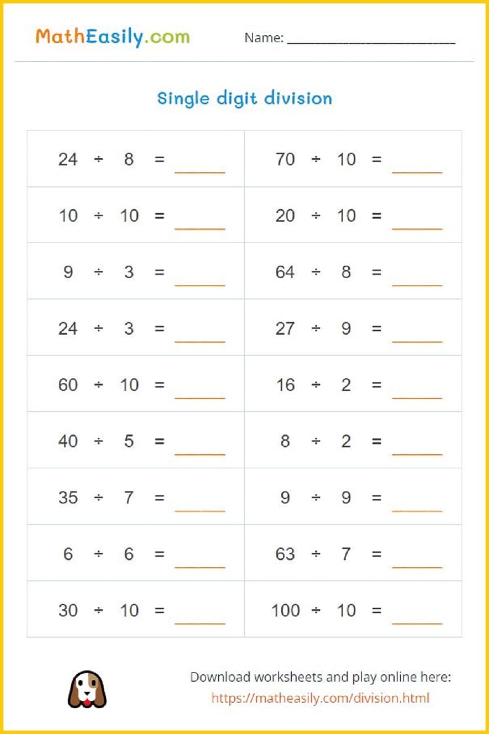 printable math worksheets division