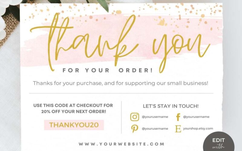 Editable Printable Thank You Card Template For Canva Pink Watercolor