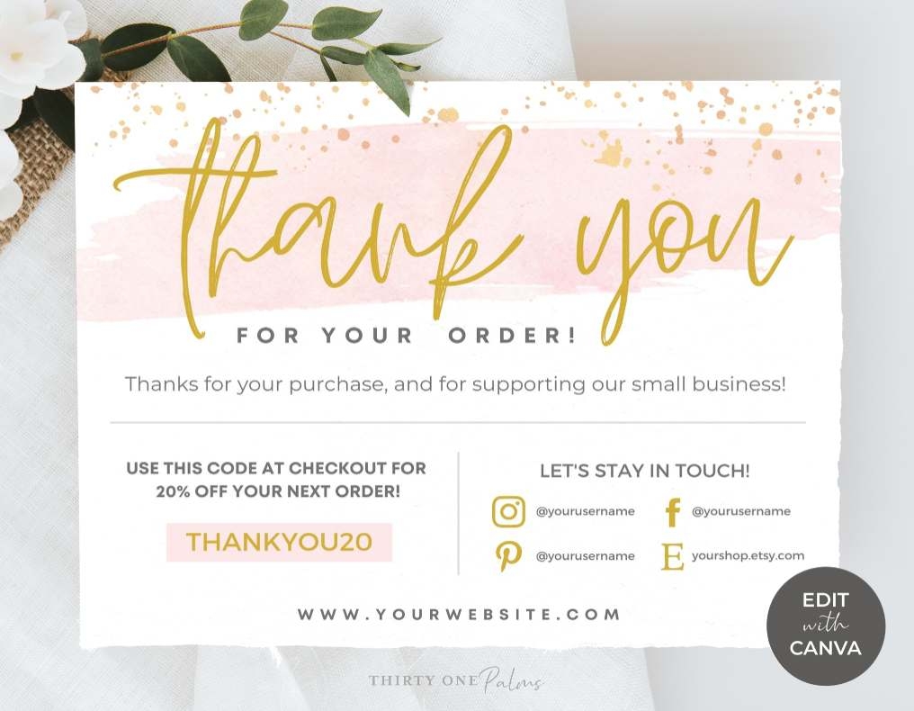 Editable Printable Thank You Card Template For Canva Pink Watercolor
