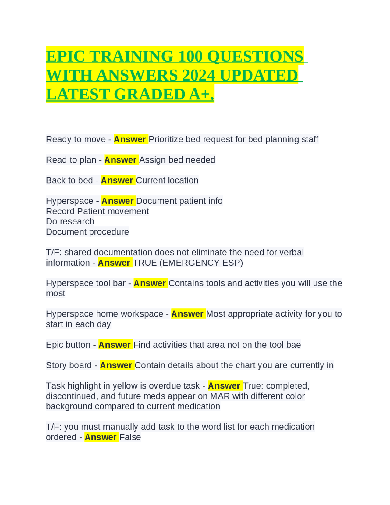 EPIC TRAINING 100 QUESTIONS WITH ANSWERS 2024 UPDATED LATEST GRADED A Exams Nursing Docsity