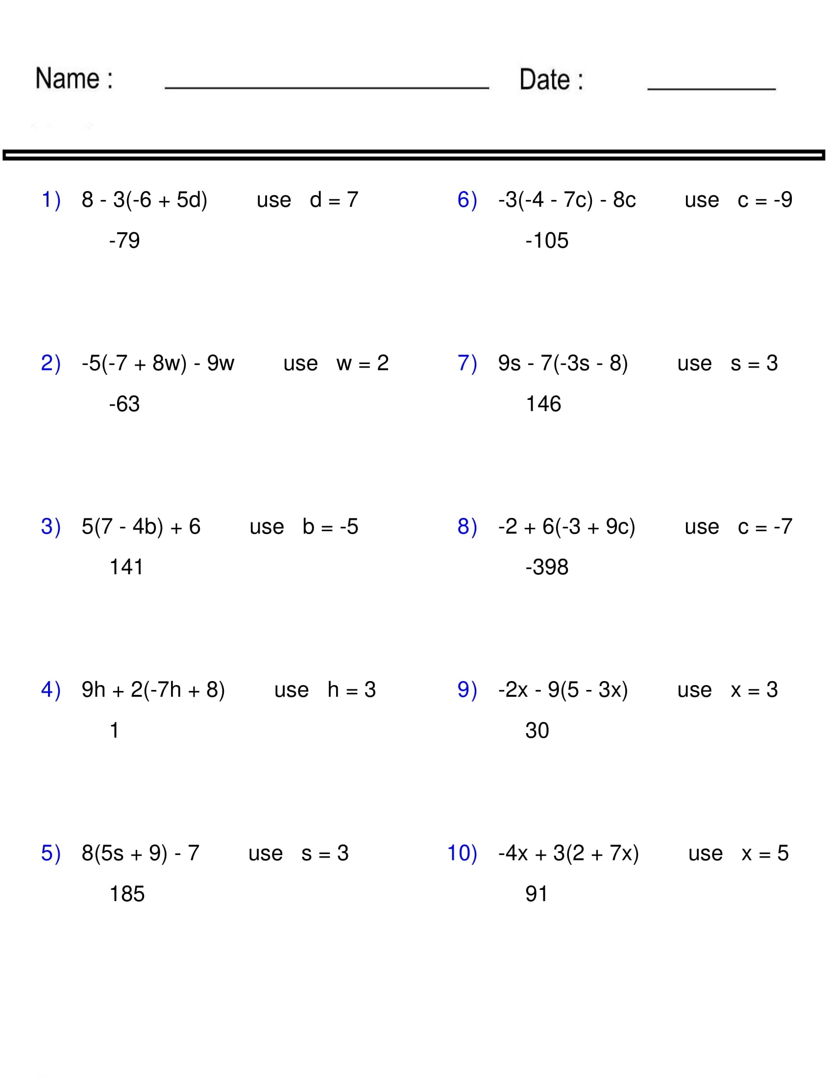 Evaluating Algebraic Expressions Worksheet One Variable Pre Algebra Made By Teachers