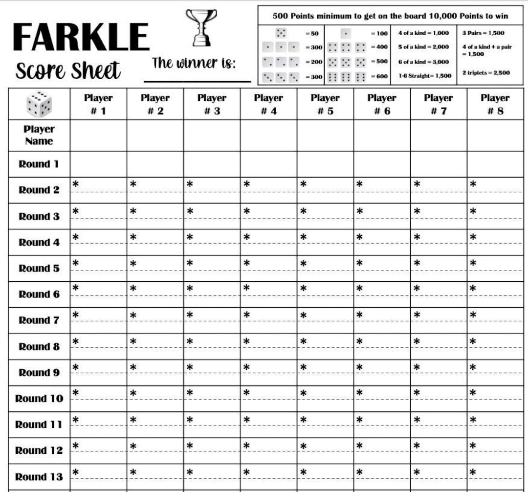 farkle scoring sheet printable