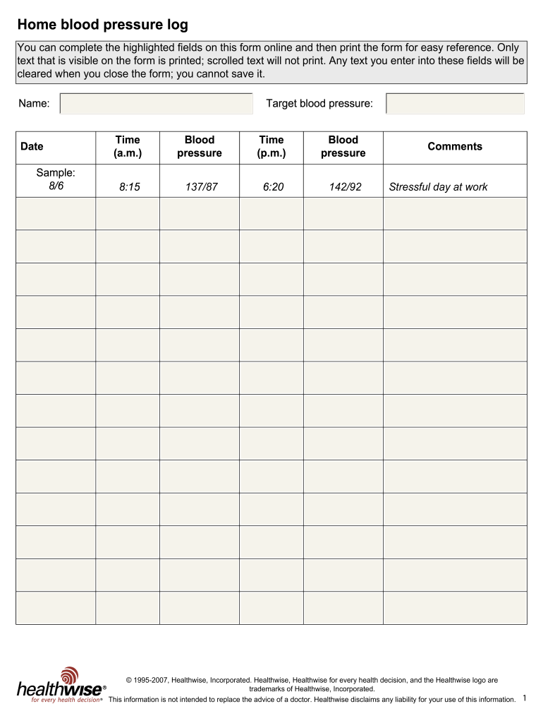 printable blood pressure log sheet pdf