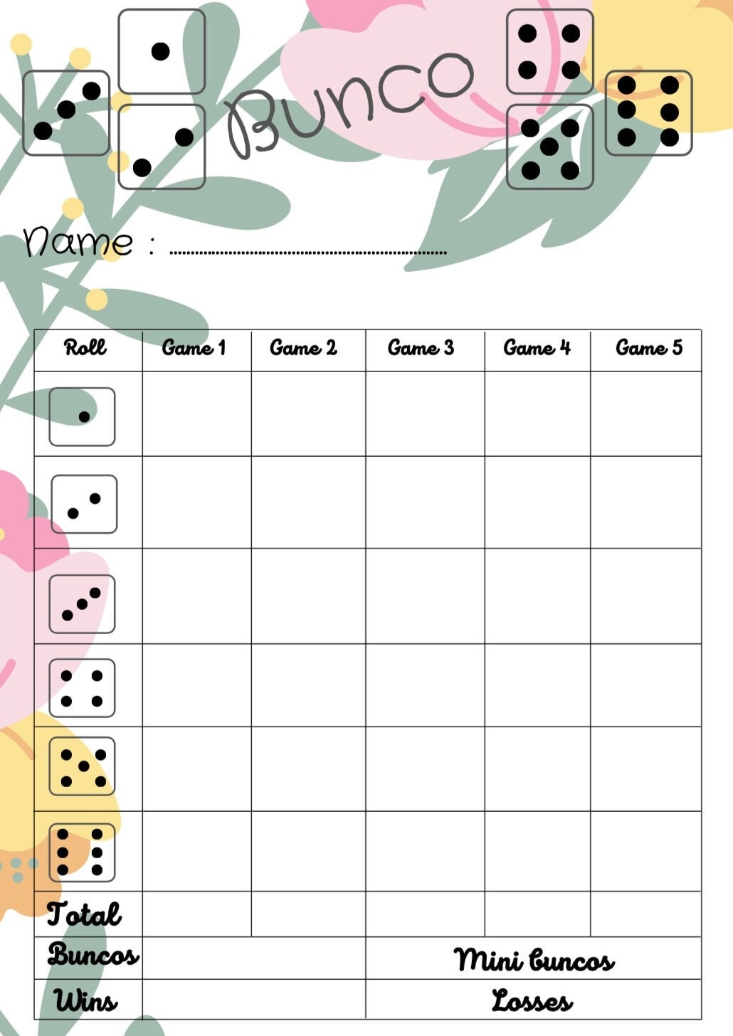 bunco printable score sheets