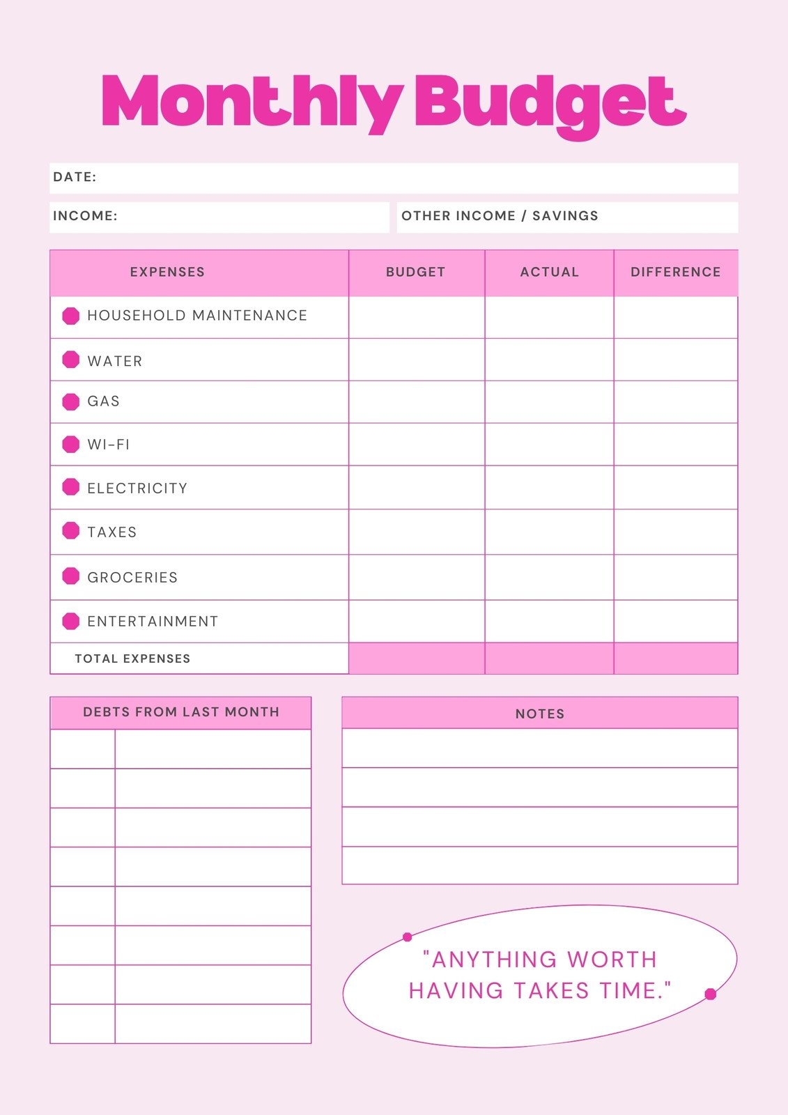 budget worksheets printable