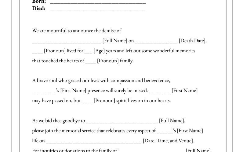 Free Fill In The Blank Obituary Template To Edit Online