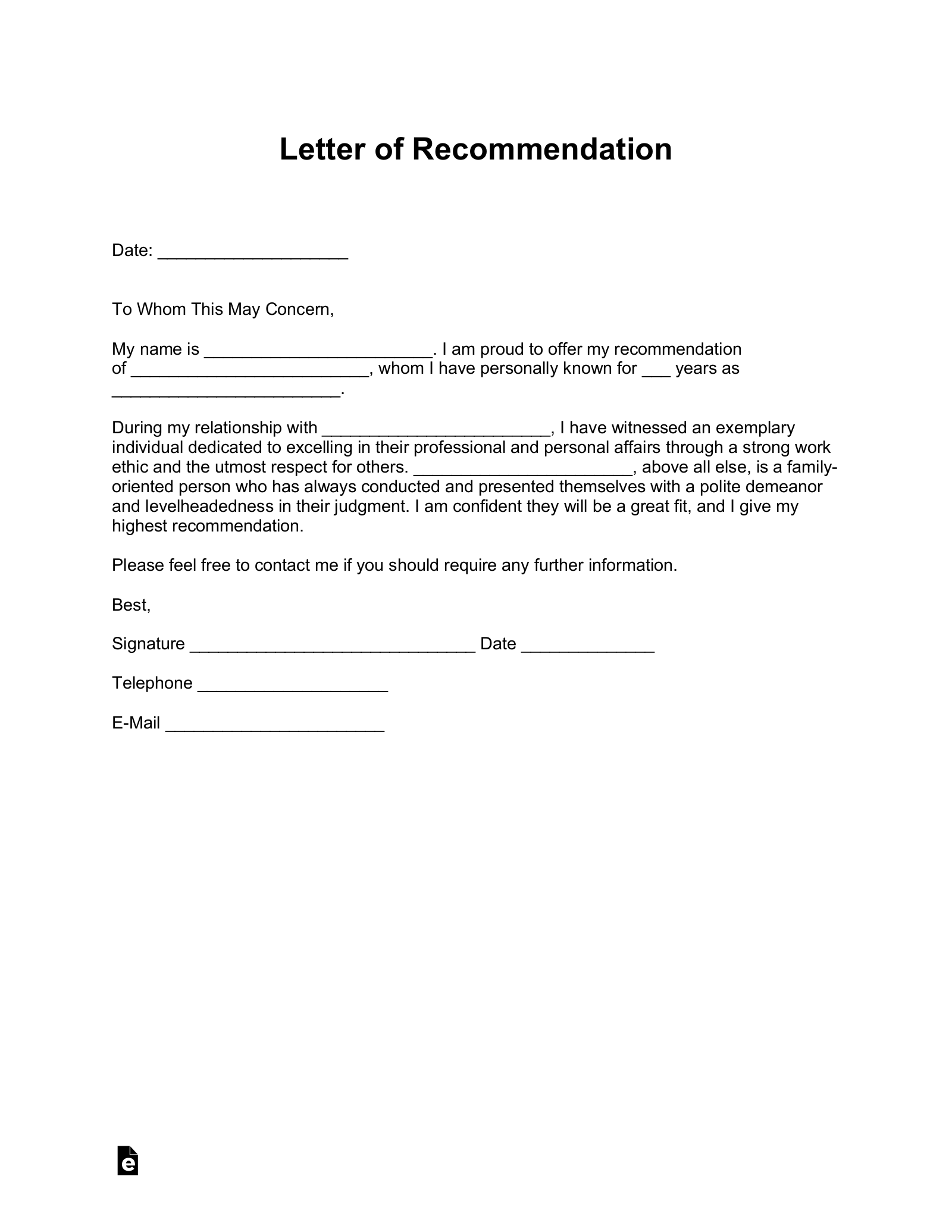 Free Letter Of Recommendation Templates 19 PDF Word EForms