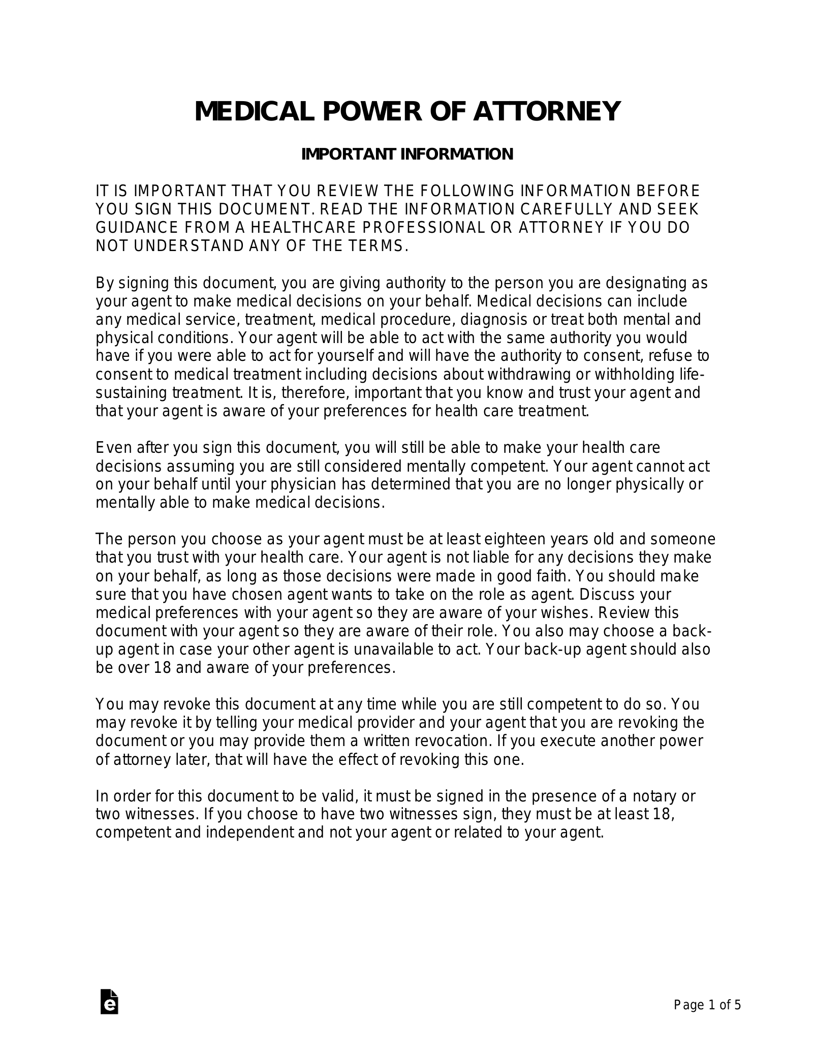 Free Medical Power Of Attorney MPOA Form PDF Word EForms Free Medical Power Of Attorney MPOA Form PDF Word EForms