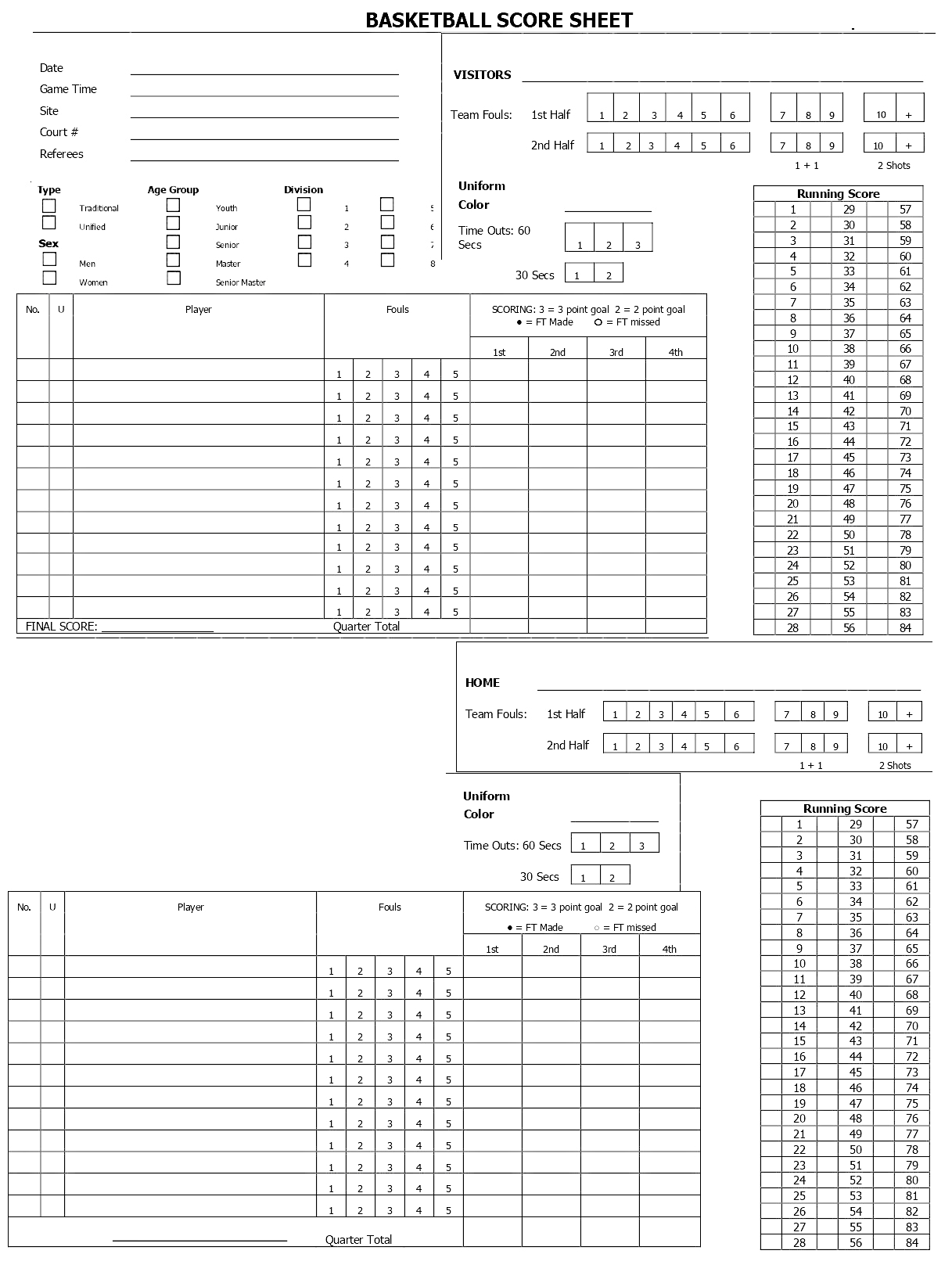 printable basketball score sheet