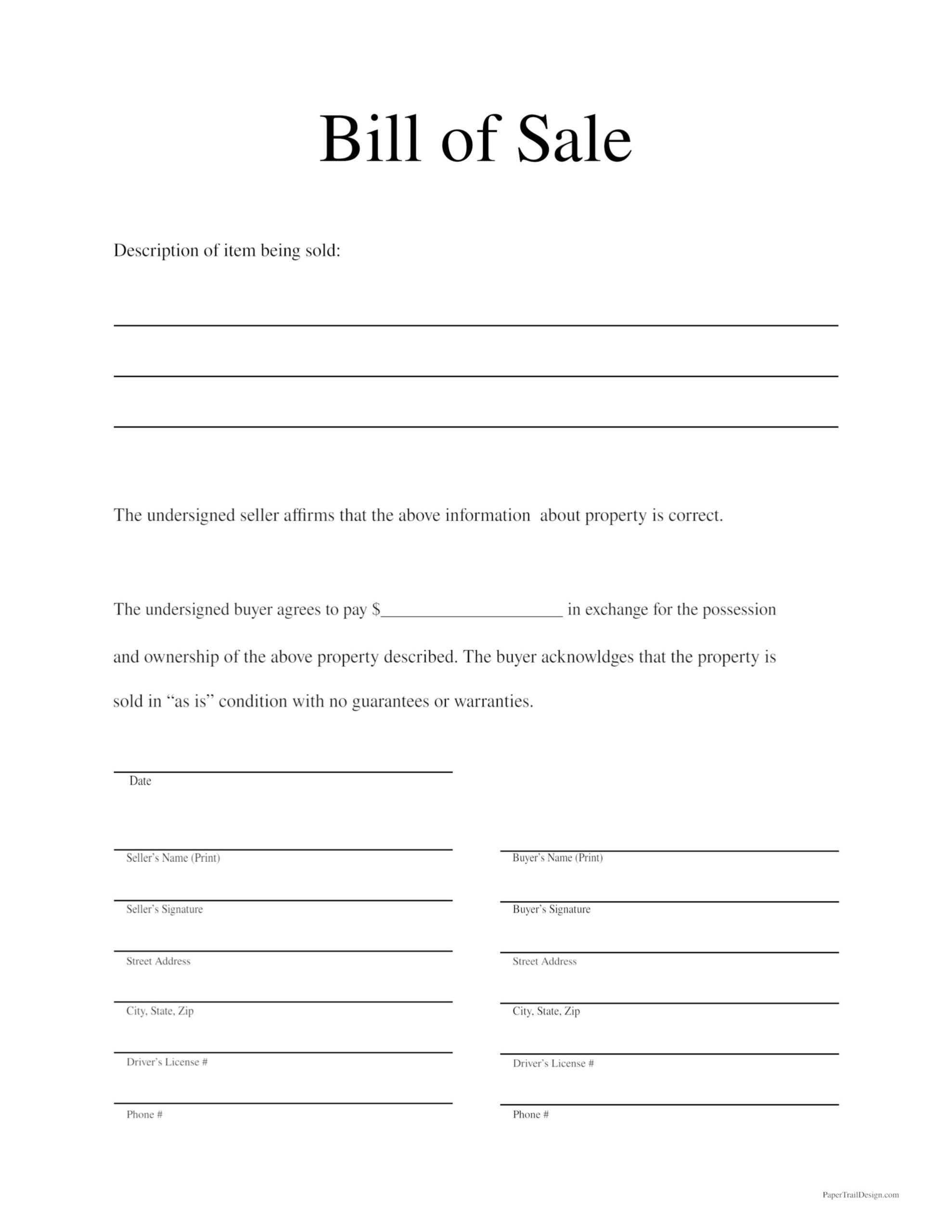printable bill of sale template free
