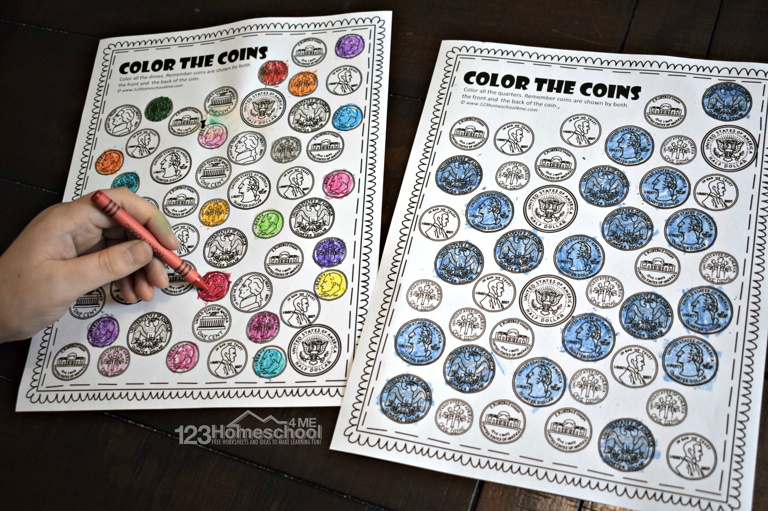 FREE Printable Color The Coin Money Worksheets