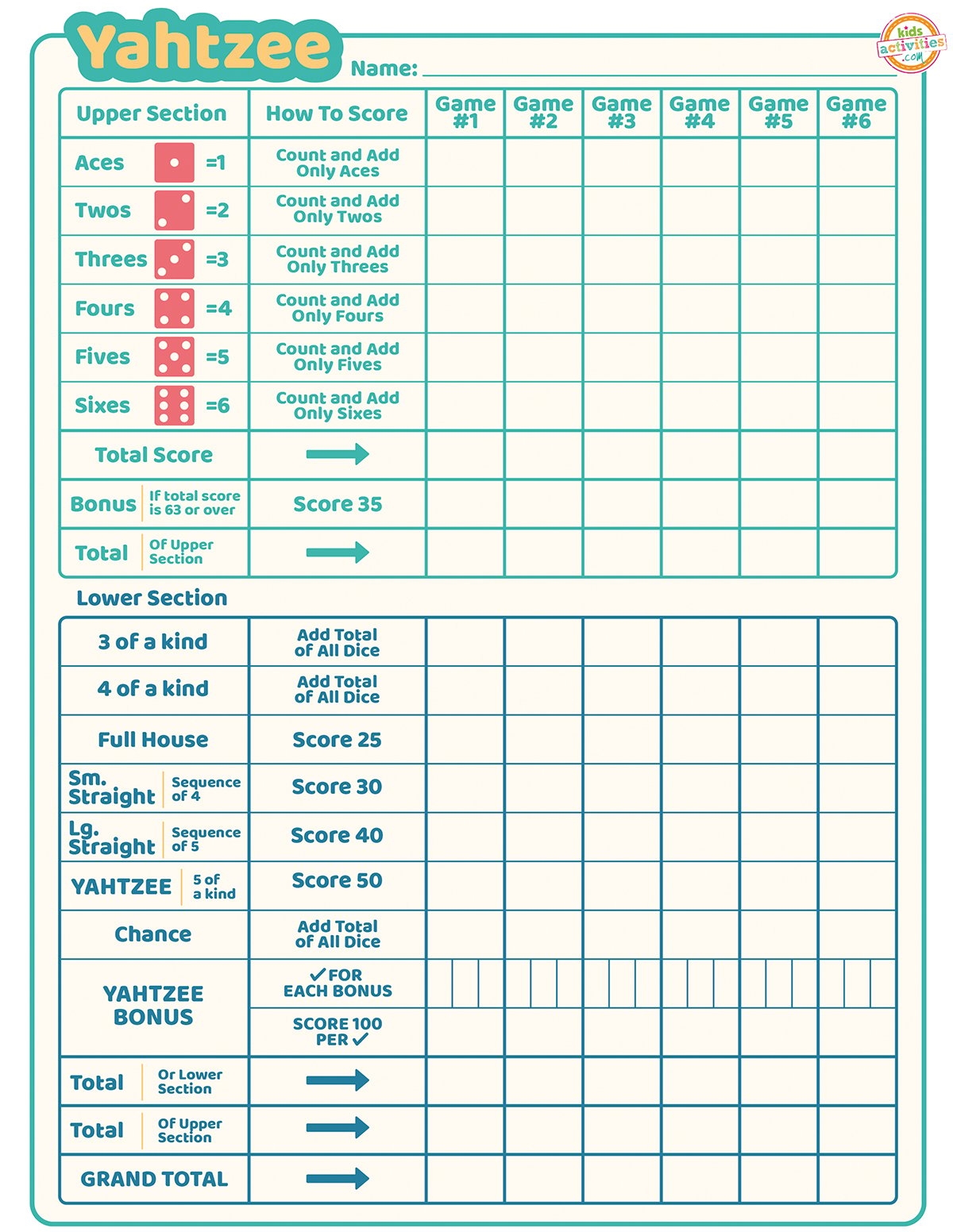 yahtzee score sheet printable