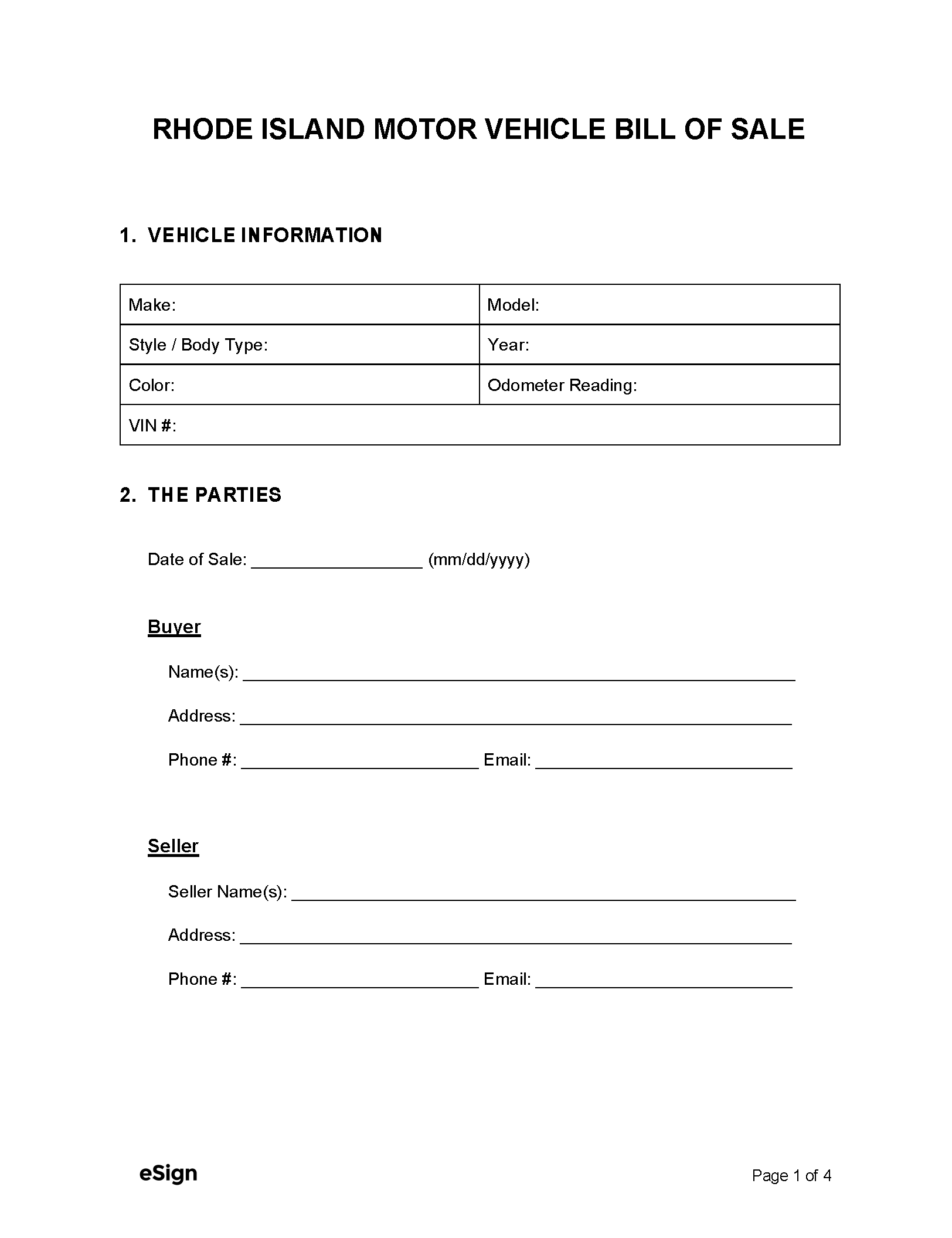 Free Rhode Island Motor Vehicle Bill Of Sale Form PDF Word