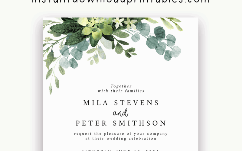 Free Wedding Invitation Template Eucalyptus Green Leaves Instant Download Printables Instant Download Printables