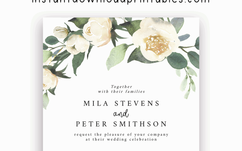 Free Wedding Invitation Template White Watercolor Flowers Instant Download Printables Instant Download Printables