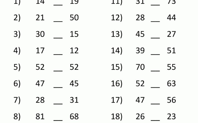 Greater Than Less Than Worksheet Comparing Numbers To 100