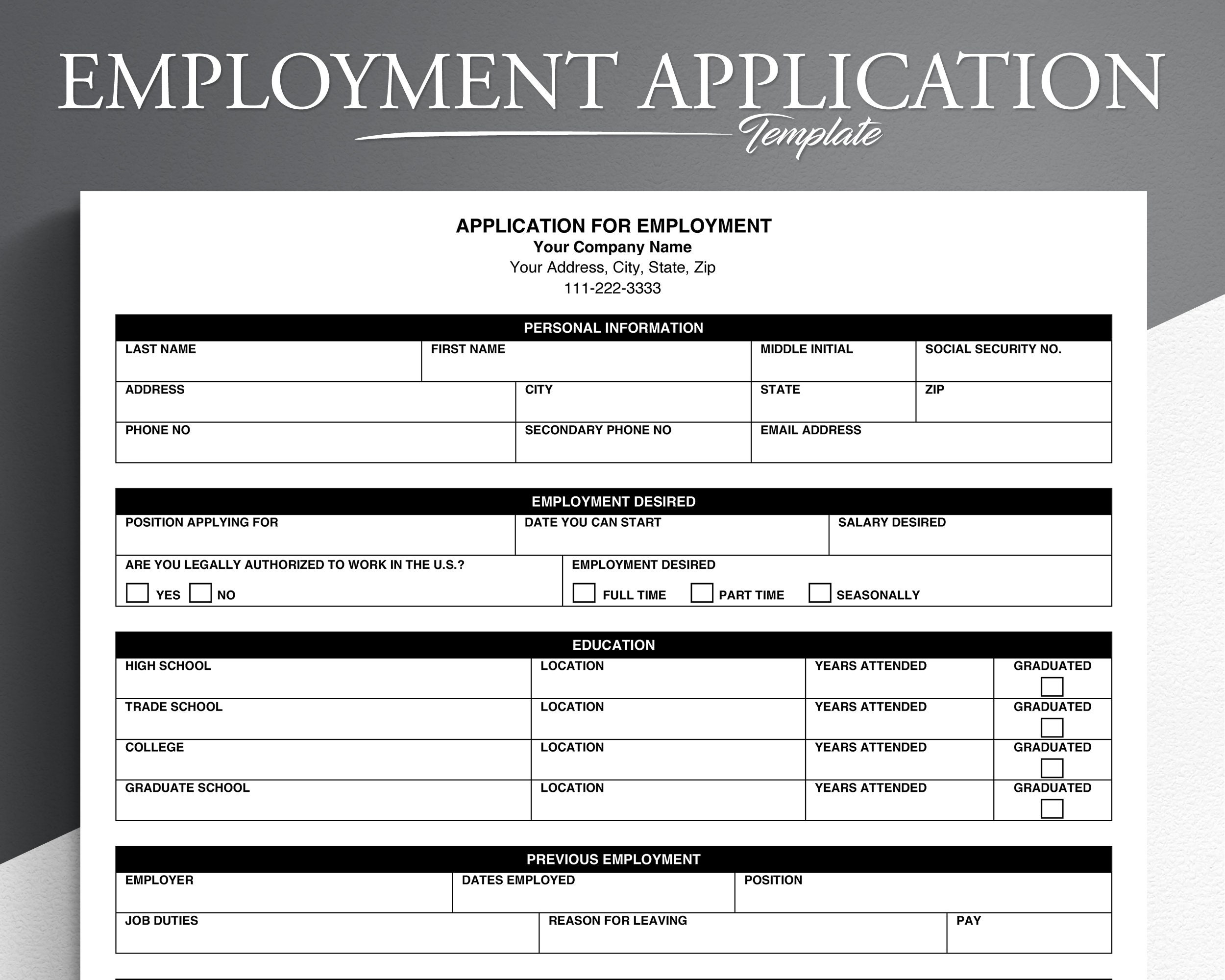 printable job application template