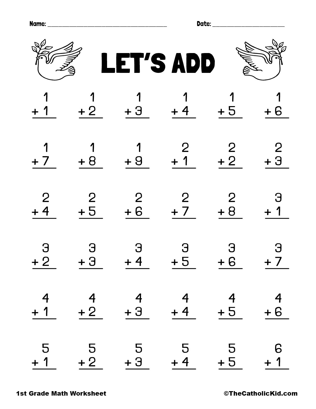 Let s Add 1st Grade Math Worksheet Catholic Dove Themed