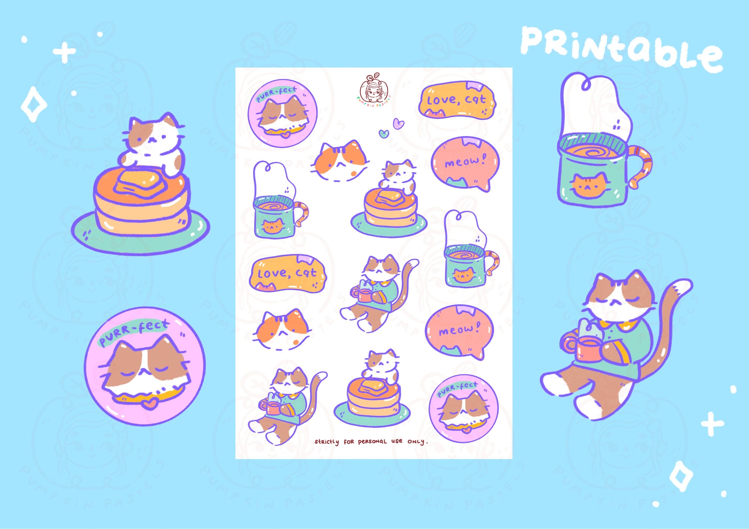 Love Cat part One Sticker Sheet Printable DIGITAL File Printable Stickers Cute Planner Stickers Journal Kawaii Stickers Etsy