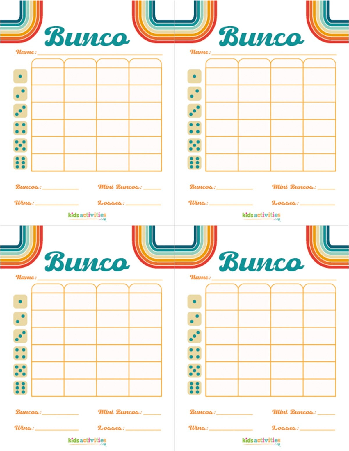free printable bunco score sheets
