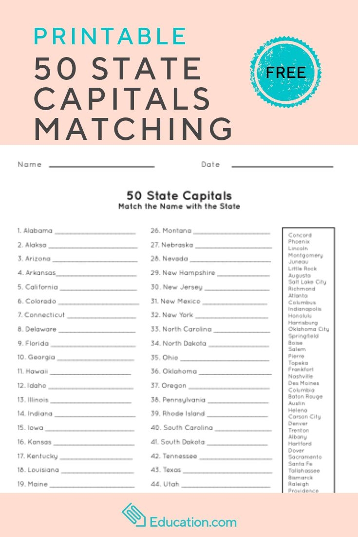 Match The Capital To The State Worksheet Education