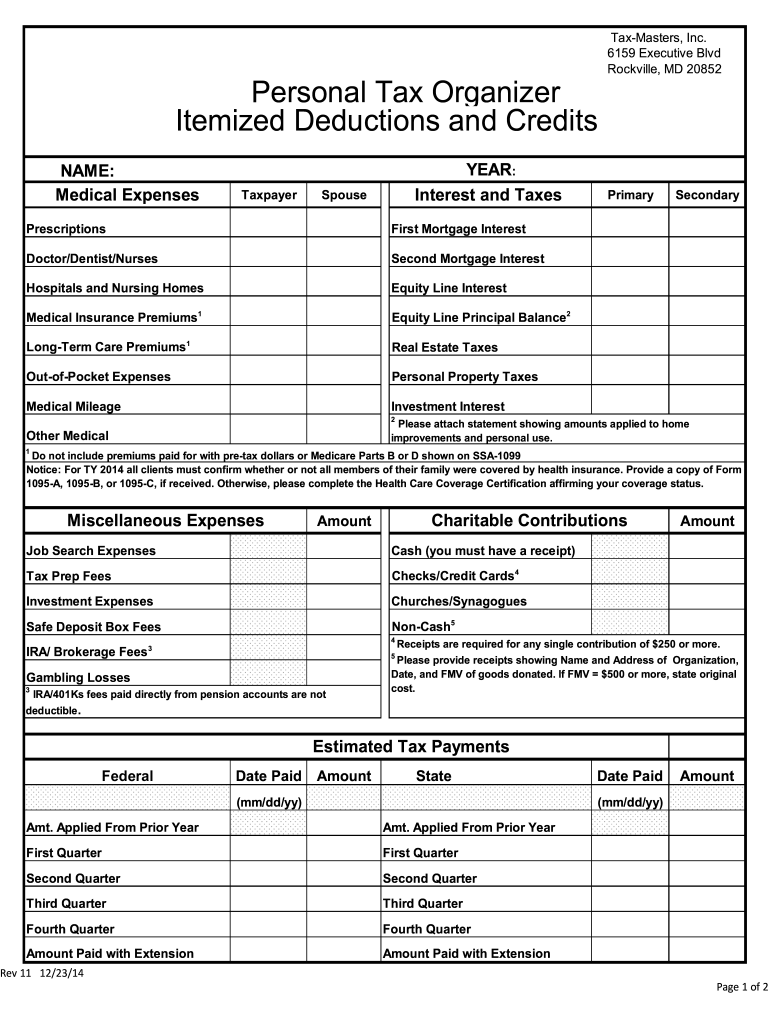 MD Tax Masters Personal Tax Organizer Itemized Form Fill Online Printable Fillable Blank PdfFiller