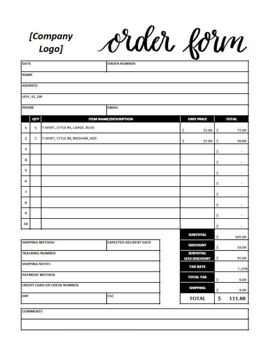 Order Form Template excel Editable Printable Etsy Order Form Template excel Editable Printable Etsy