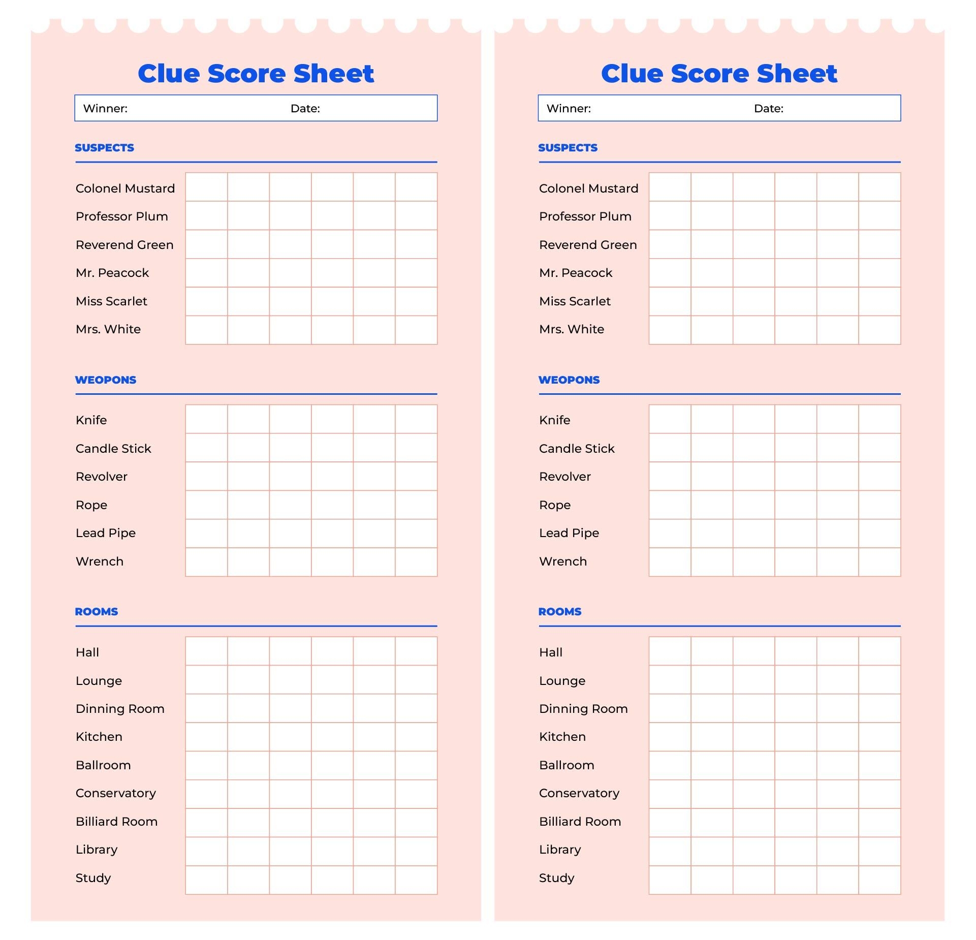 printable clue sheets