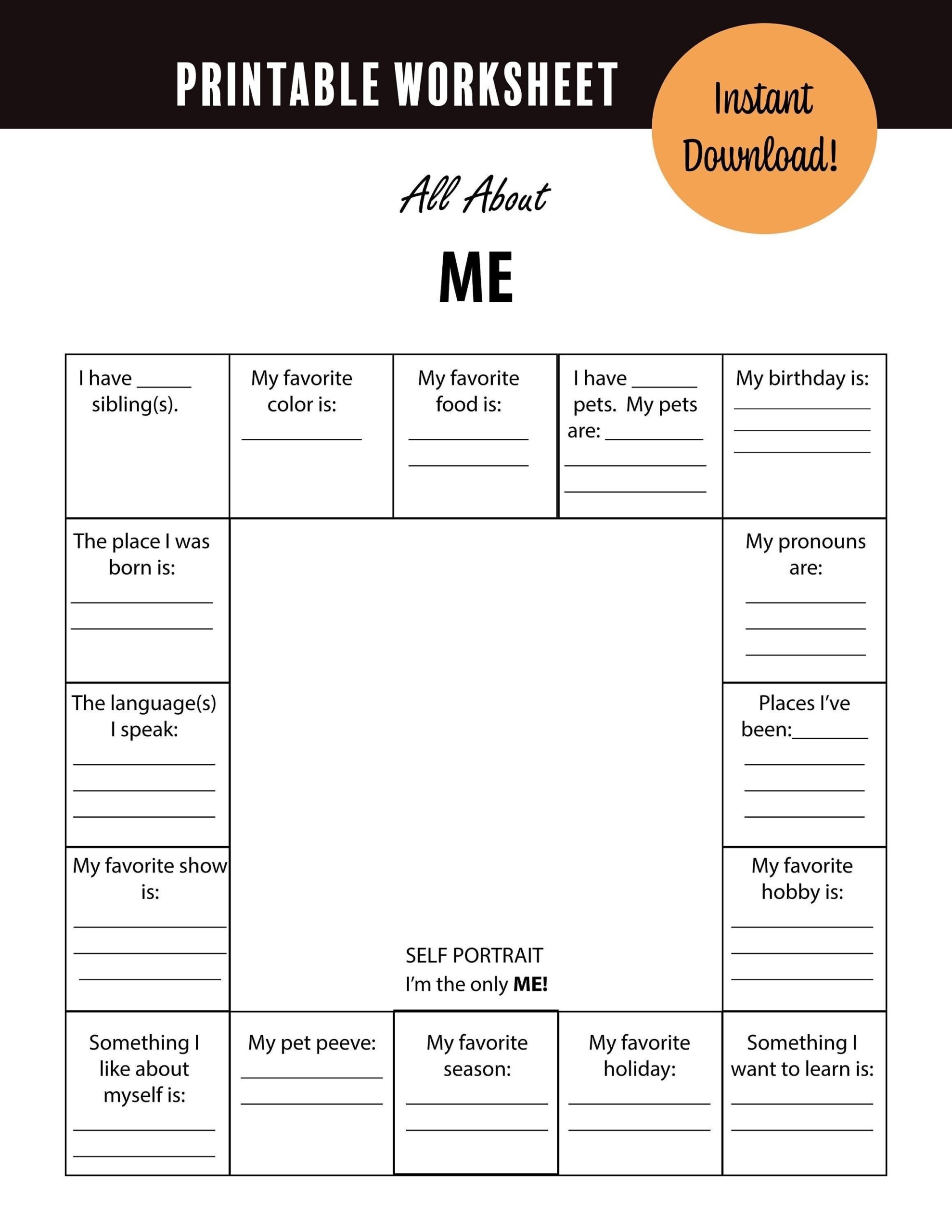 Printable Worksheet All About Me Academic Resource Etsy