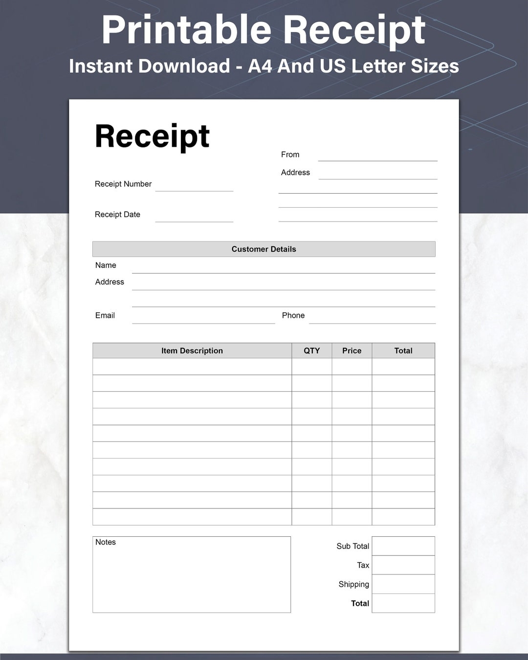 Receipt Template Printable Customer Order Receipt Small Business Sales Receipt Form A4 And US Letter PDF Etsy