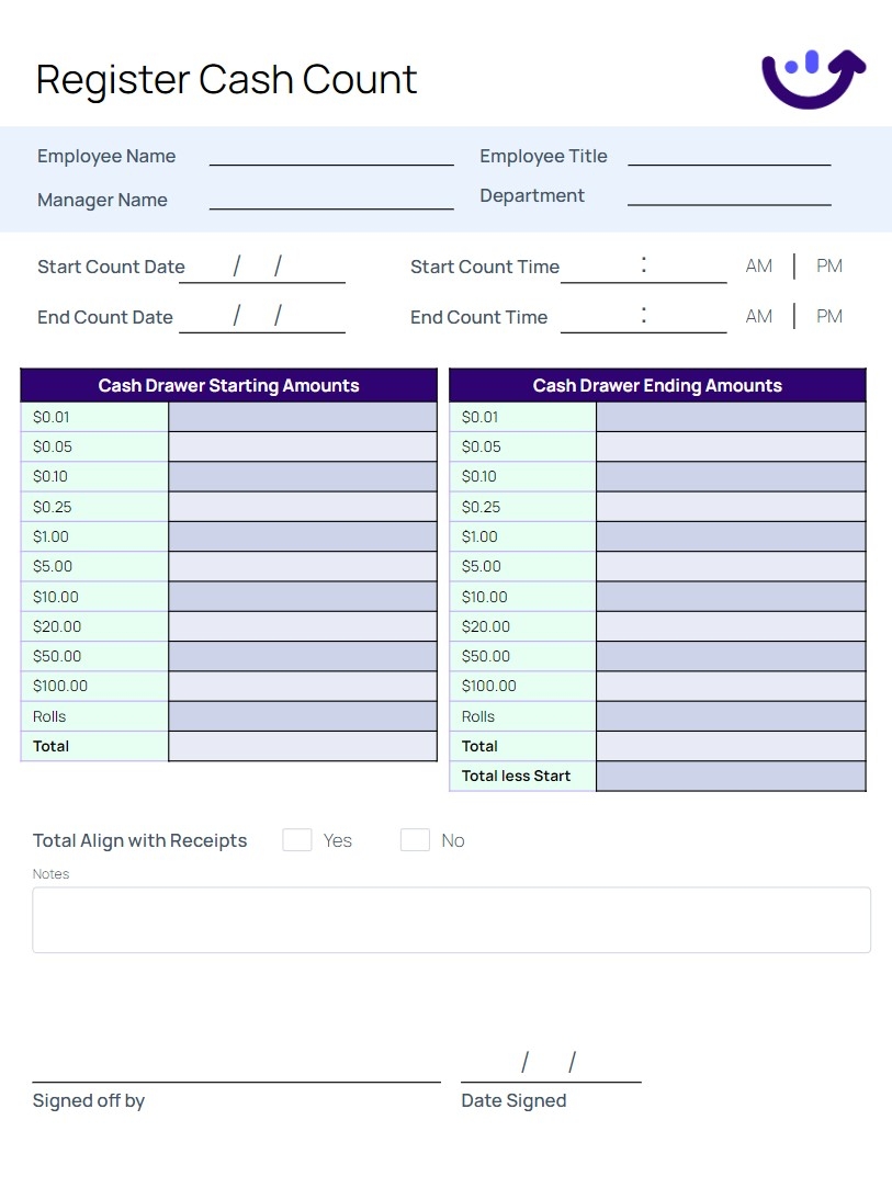 blank free printable cash drawer count sheet
