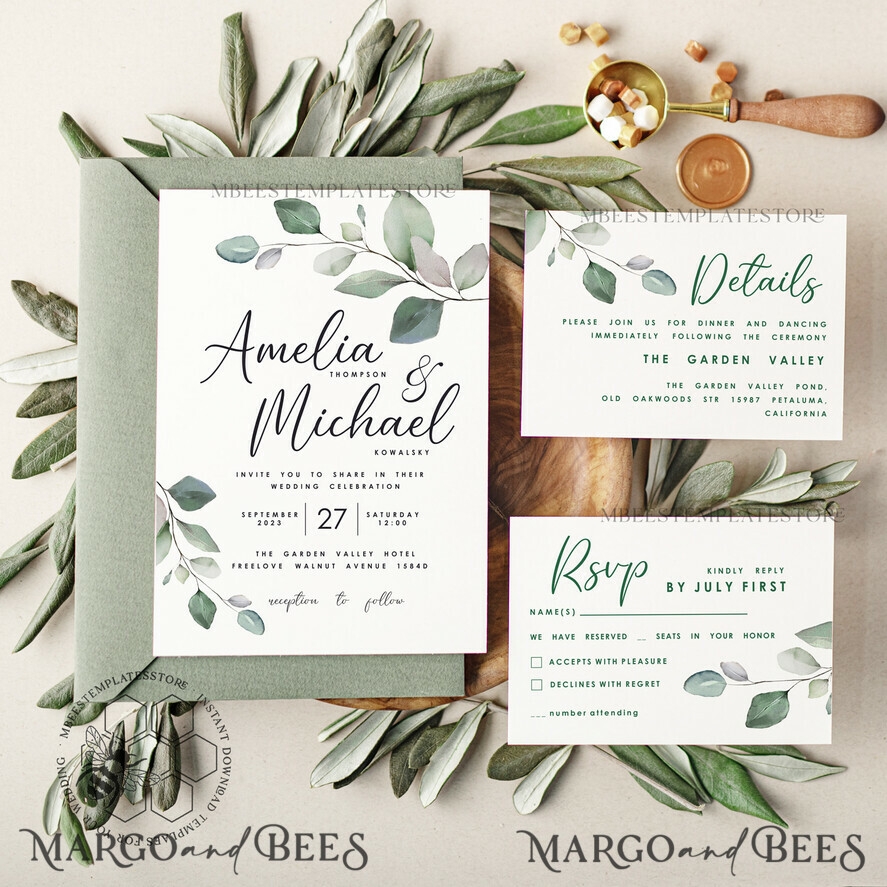 Sage Green Wedding Invitation Template Instant Download Greenery Wedding Invites Eucalyptus Garden Wedding Invitation Printable